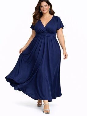 NY Collection 2X Navy Blue Matte Jersey Maxi Dress Empire Waist Ruched V-Neck